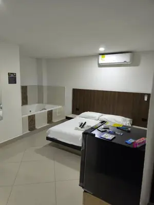a bedroom with a bed and a bath tub at Hotel Centrica Del Palo 45 in Medellín