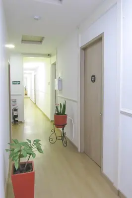 an empty hallway with potted plants in an office at El ensueño in Manizales