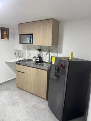 a kitchen with a black refrigerator and a sink at Villa Loreto Aparta estudio 203 in Medellín