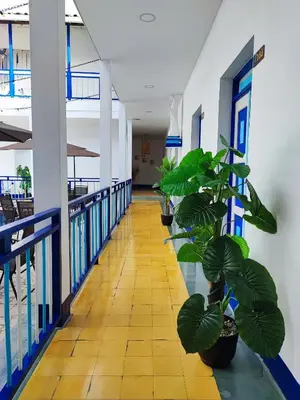 a hallway in a building with a plant at Hotel Colonial San Roque in San Roque