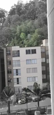 a white building with palm trees in front of it at Apartamento céntrico en el poblado in Medellín