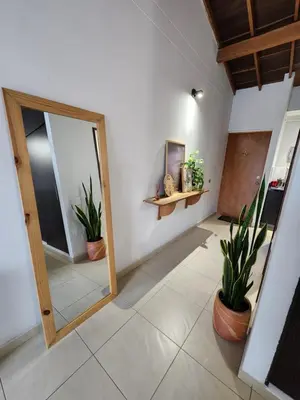 a hallway with a mirror and potted plants at Apartaloft Medellín in Medellín
