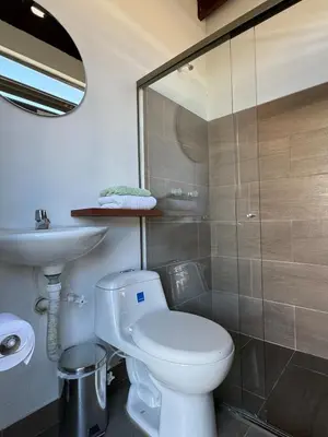 a bathroom with a toilet and a sink and a shower at Apartamentos compostela in Medellín