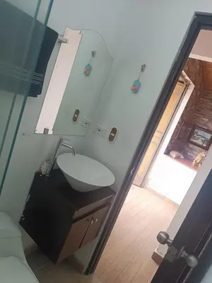 a bathroom with a sink and a mirror at Alcoba amplia con cama doble in Envigado