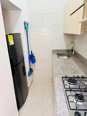 a kitchen with a black refrigerator and a sink at Apartaestudio San Diego Medellín in Medellín