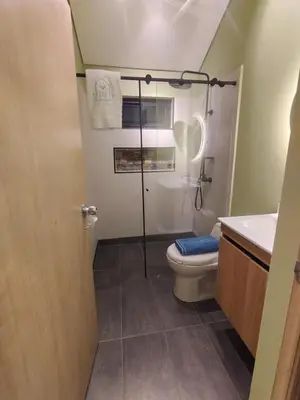 a bathroom with a shower with a toilet and a sink at Kristal Luxury - Guatapé in El Peñol