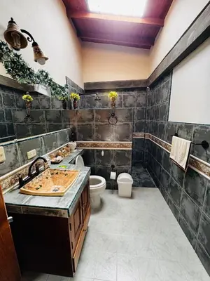 a bathroom with a sink and a toilet at Magical farmhouse near Arví Park in Mazo