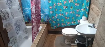 a bathroom with a shower curtain and a toilet and a sink at Mirador del valle in San Rafael