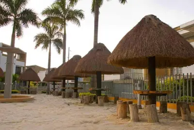 a row of straw umbrellas on a beach with palm trees at Cabaña San Jerónimo in San Jerónimo