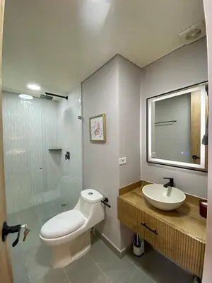 a bathroom with a toilet and a sink and a shower at San Telmo - Guatape with Hot Tube in Guatapé