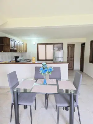 a dining room table with chairs and a vase with blue flowers at Casa completa Comodidad-Ubicación Perfecta-CarmenV in Carmen de Viboral
