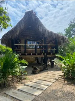 a thatch roofed hut with a pathway in front of it at Cabaña ecologica en el Rio Cocorna, Puerto Triunfo in Providencia