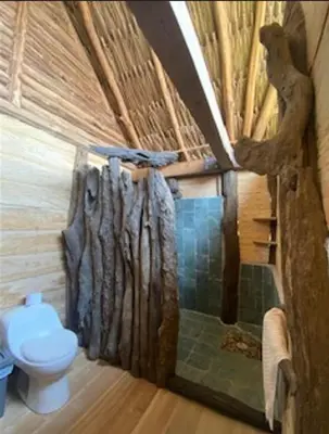 a bathroom with a toilet in a log house at Cabaña ecologica en el Rio Cocorna, Puerto Triunfo in Providencia