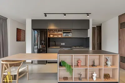 a kitchen with a table and a dining room at Morph 1802 - Stylish Escape in Poblado AC/Jacuzzi in El Poblado