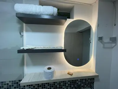 a bathroom with a mirror and a roll of toilet paper at Hotel boutique Olaya 54 in Medellín