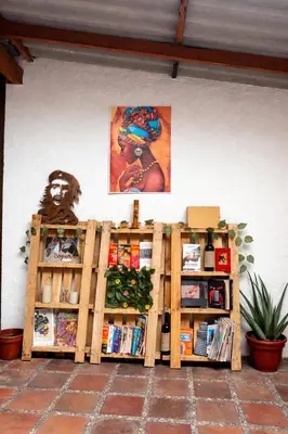 a book shelf with books and a statue on a wall at Hostal Abba in Medellín