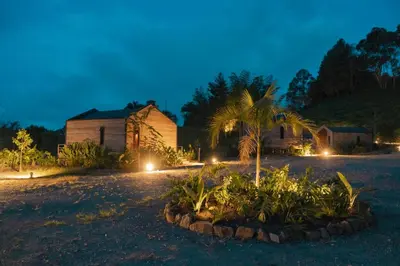 a house and a palm tree at night at Okai by Bernalo Hotels in Guatapé