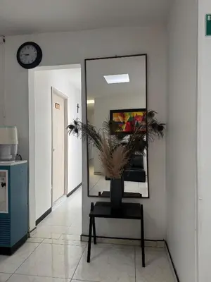 a vase with a plant on a table in front of a mirror at Hotel Café de la Montaña in Pensilvania