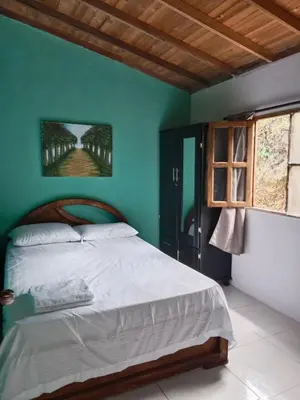 a bedroom with a bed with a green wall at Casa Campestre en Guarne in Guarne