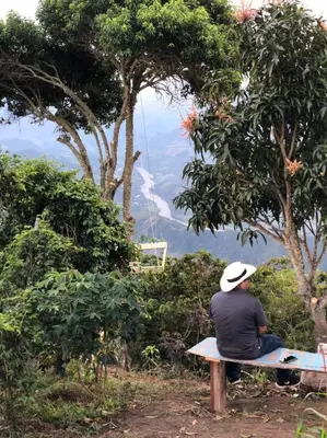 a person sitting on a bench looking at the mountains at Finca turística Villa Carolina in Sabaletas