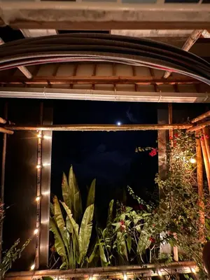 a window with a view of a garden at night at Mamaquilla Grupal Glamping in Jardin