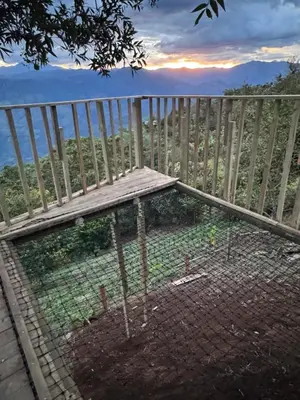 a bird cage on a fence with a view at Glamping in Titiribi in Titiribí