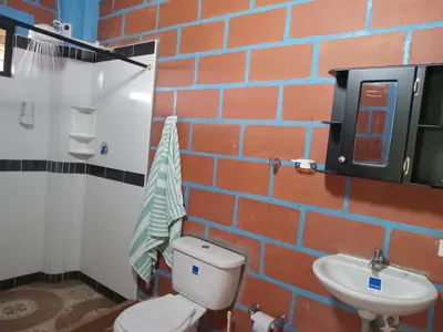 a bathroom with a toilet and a sink and a brick wall at Bed and bath at Villacarolina in Titiribí