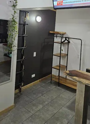 a room with a black wall and a shelf with plants at Cozy, Convenient and Affordable Loft In Laureles in Medellín