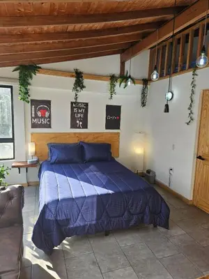 a bedroom with a bed with a blue comforter at Cozy, Convenient and Affordable Loft In Laureles in Medellín
