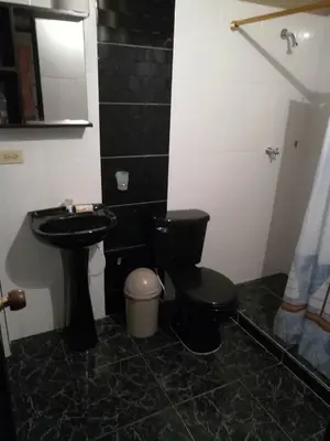 a bathroom with a black toilet and a sink at El descanso perfecto in Palestina