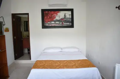 a bed in a room with a picture on the wall at hotel bocas del cauca in Tarso