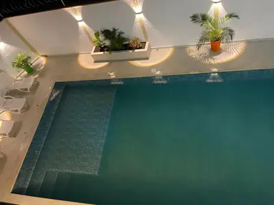 an overhead view of a swimming pool with plants at hotel bocas del cauca in Tarso