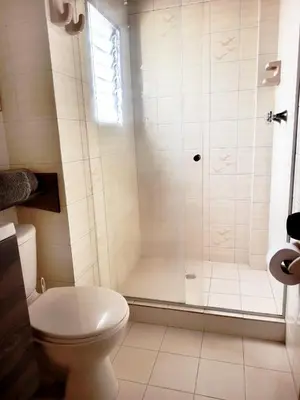 a bathroom with a shower and a toilet at Céntrico Apartamento Belén in Medellín