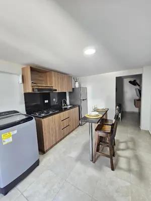 a kitchen with a table and a stove and a refrigerator at Apto acogedor en Laureles el mejor barrio de Medellín 101 zona tranquila y cerca a todo in Medellín