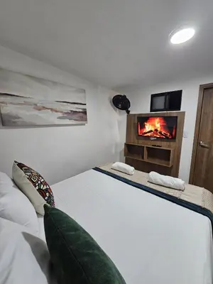 a bedroom with a bed with a fireplace and a tv at Apto acogedor en Laureles el mejor barrio de Medellín 101 zona tranquila y cerca a todo in Medellín