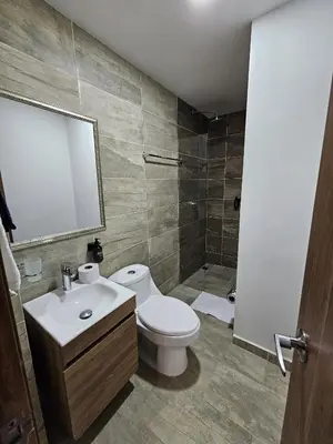a bathroom with a toilet and a sink and a shower at Apto acogedor en Laureles el mejor barrio de Medellín 101 zona tranquila y cerca a todo in Medellín
