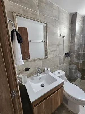 a bathroom with a sink and a toilet and a mirror at Laureles Prime Location Medellín Apto Acogedor 301 Zona Tranquila y Cerca a todo in Medellín