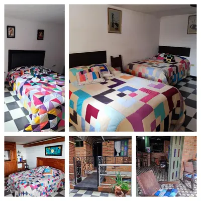 a collage of four pictures of a bedroom with two beds at Hotel Posada La Porra in Concordia