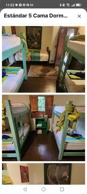 two pictures of a room with two bunk beds at Artsy lush villa with jungle garden in the city in La Estrella