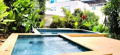 a swimming pool in a yard with plants at Macondo House in Medellín