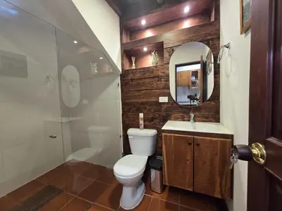 a bathroom with a toilet and a sink and a mirror at Luxurious country cabin, BBQ, Jacuzzi, TV, WiFi in Marinilla