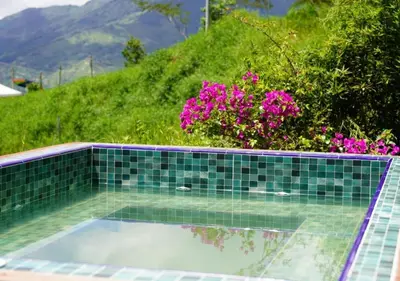 a swimming pool with pink flowers and a mountain at Hotel Curazao Natural Living cerca a charcos naturales y tobogán extremo in Cocorná