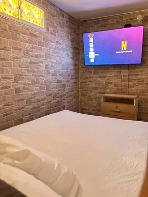 a bedroom with a bed and a tv on a brick wall at Apartamento en la mejor zona de buenos aires in Medellín