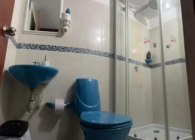 a bathroom with a blue toilet and a shower at Apartamento en la mejor zona de buenos aires in Medellín