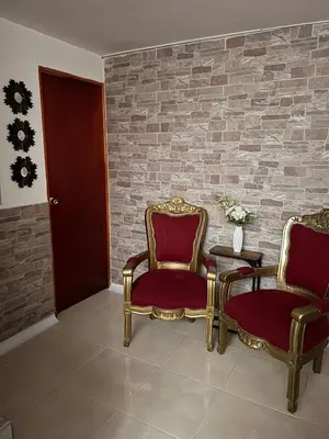 two chairs in a room with a brick wall at Apartamento en la mejor zona de buenos aires in Medellín