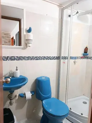 a bathroom with a blue toilet and a shower at Apartamento en la mejor zona de buenos aires in Medellín
