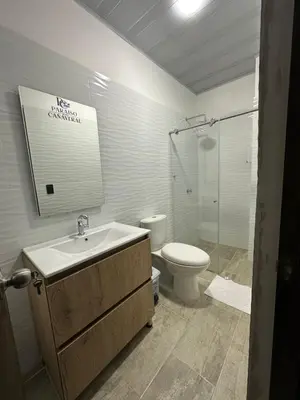 a bathroom with a sink and a toilet and a mirror at Hotel Paraiso Cañaveral in Santa Fe de Antioquia