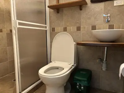 a bathroom with a toilet and a sink at Hotel Vegas del Rio in Támesis