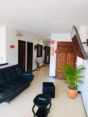 a living room with a black couch and a wooden door at Apartamento Privado en el Centro, Programación de Tours y Mas in Jardin
