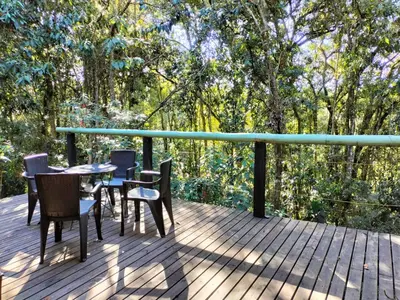 a table and chairs on a deck with trees at Casa Rosa de los Vientos in oak forest in Medellín